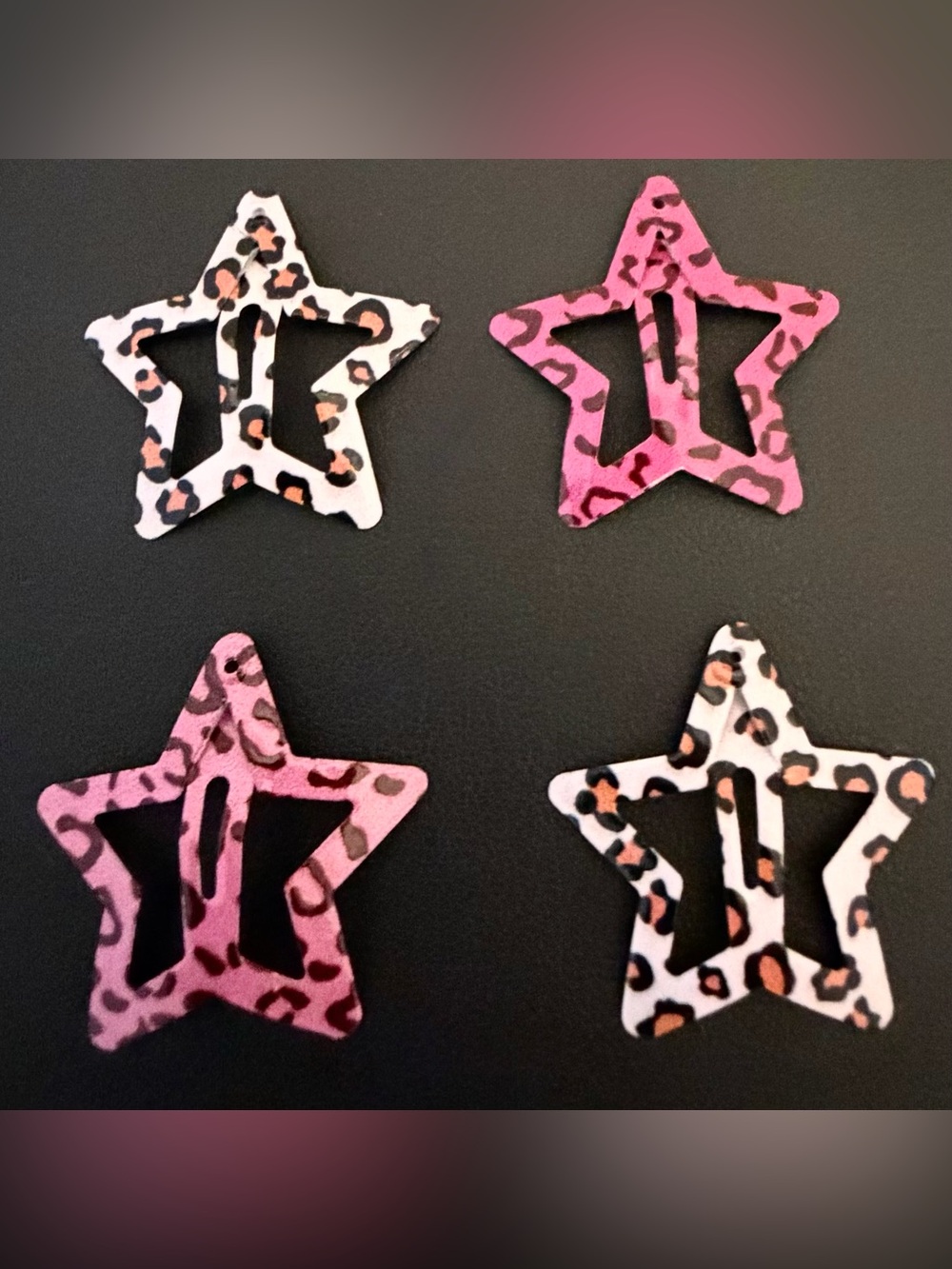 Set of 4 Pink & Cream White Leopard Print Star Snap Metal Hair Clips Barrette